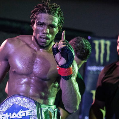 2019.08.03- T&T's Omar Smith celebrates his title belt victory over Ireland's Arron Daniels, tapping out in the first round during the RHAGE MMA (Mixed Martial Arts) title fight 155lbs at the Cascadia Hotel, St. Anns. Smith won the title belt by submission. Photo: Allan V. Crane/CA-images